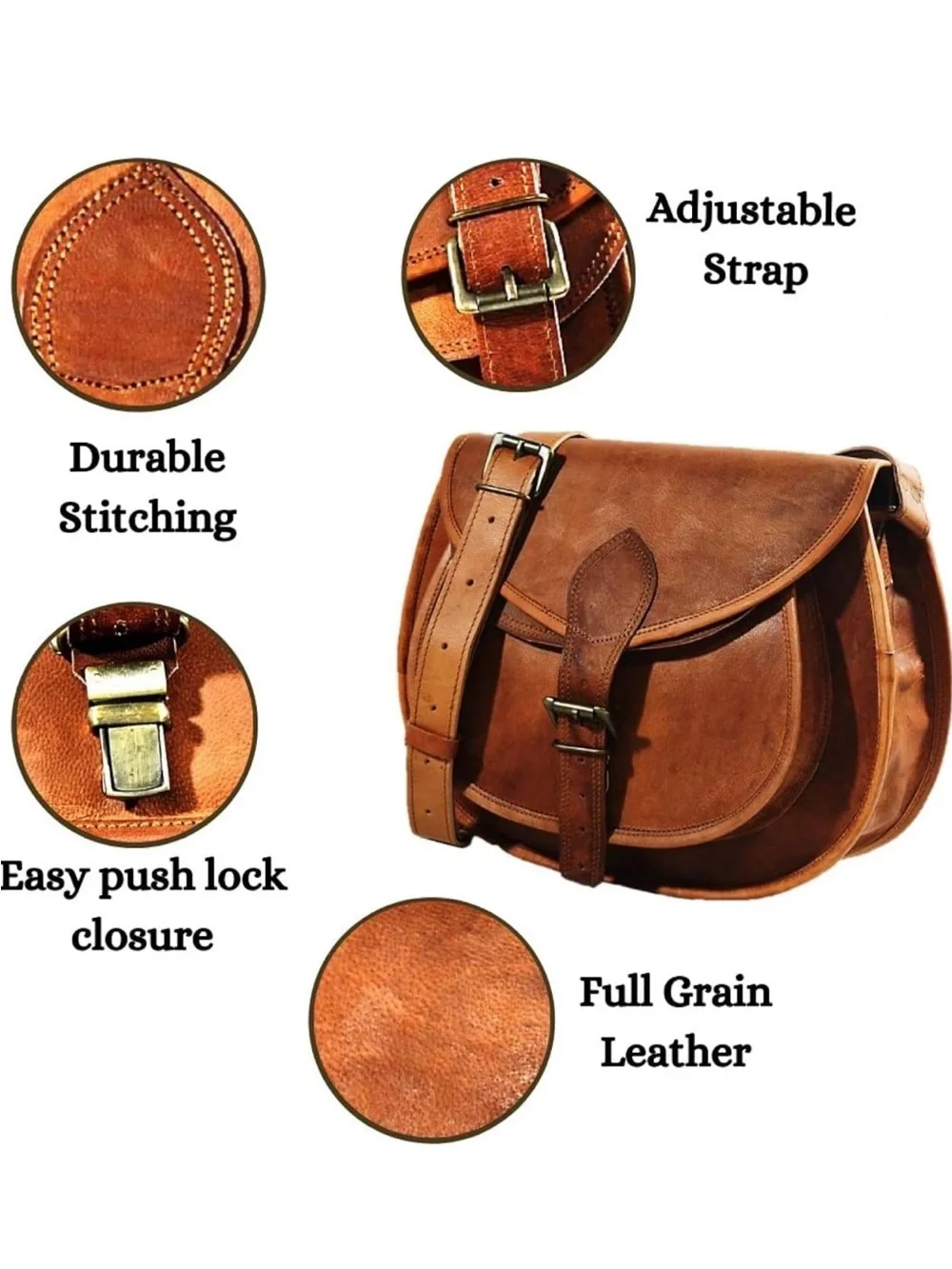 Women's Tan Leather Satchel with Adjustable Strap